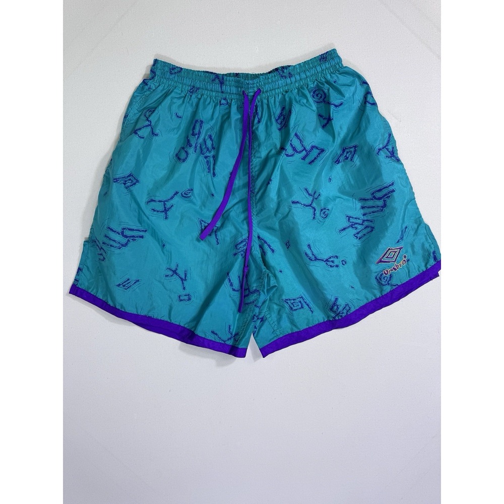 Vintage Umbro Nylon Soccer Shorts Purple Teal Made in USA Men's Small 90s Retro